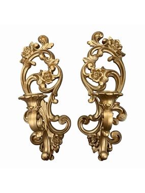 Vintage Pair Homco Gold Ornate Wall Sconce Candle Holder Hollywood Regency #4118